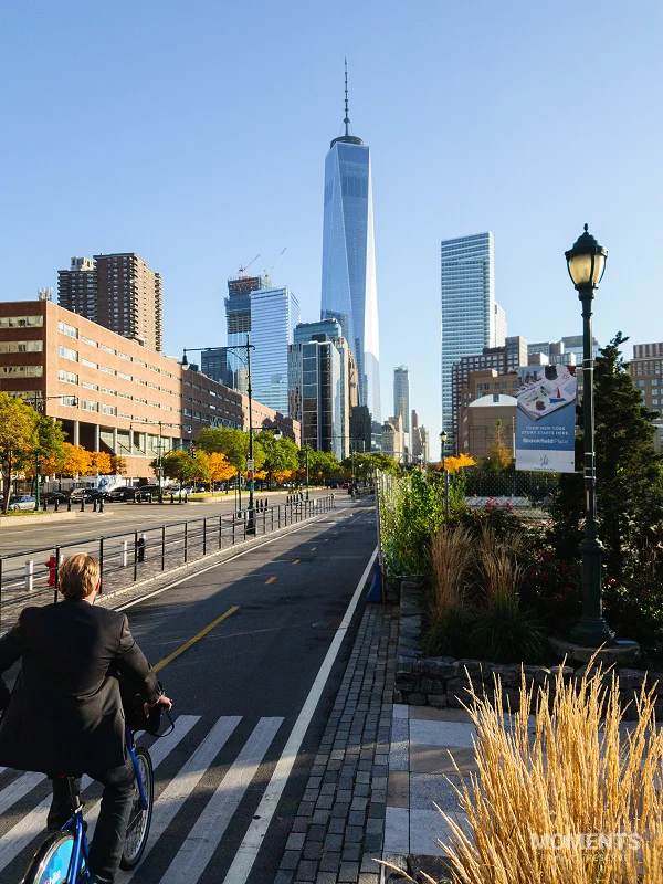 Cyclist on the Hudson River Greenway in Manhattan