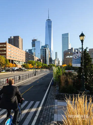 Cyclist on the Hudson River Greenway in Manhattan