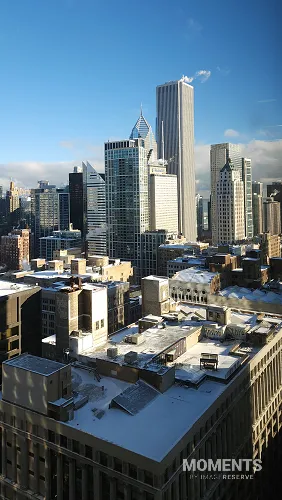 Chicago Skyline in Winter with Snow Dusted Rooftops